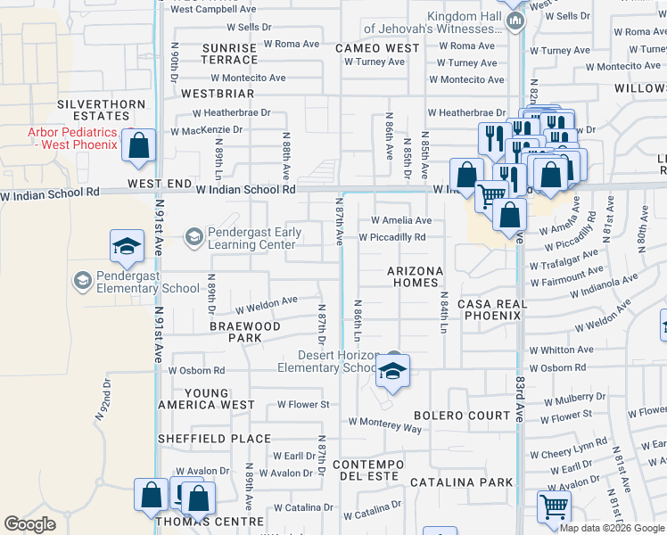 map of restaurants, bars, coffee shops, grocery stores, and more near 8701 West Clarendon Avenue in Phoenix