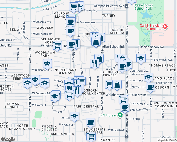map of restaurants, bars, coffee shops, grocery stores, and more near 3629 North 5th Avenue in Phoenix