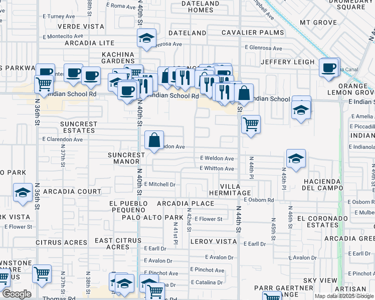 map of restaurants, bars, coffee shops, grocery stores, and more near 4209 East Weldon Avenue in Phoenix