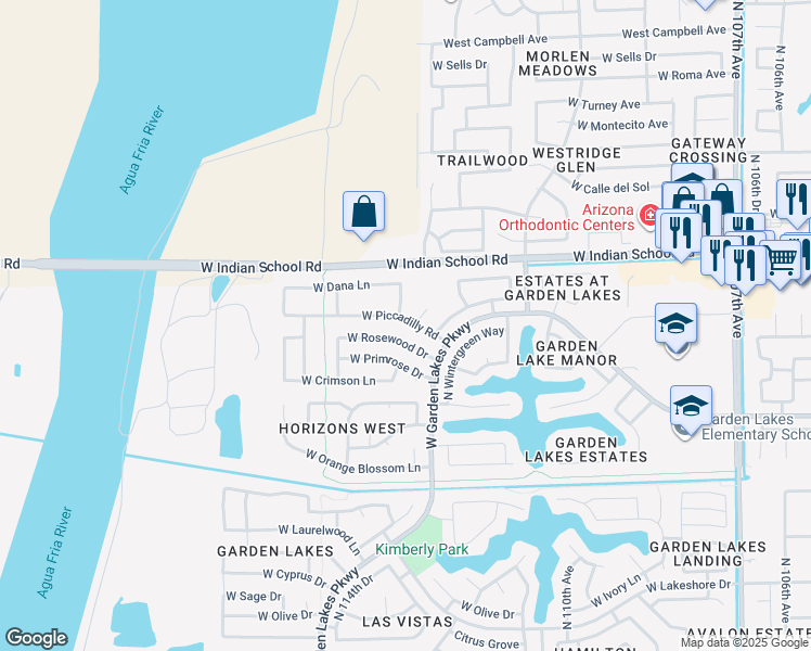 map of restaurants, bars, coffee shops, grocery stores, and more near 11325 West Rosewood Drive in Avondale