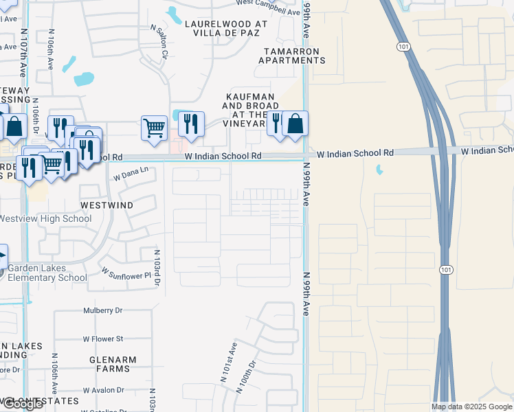 map of restaurants, bars, coffee shops, grocery stores, and more near 2918-3480 North 99th Avenue in Avondale