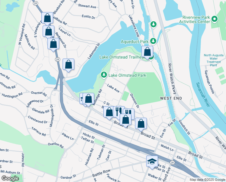 map of restaurants, bars, coffee shops, grocery stores, and more near 103 Wood Street in Augusta