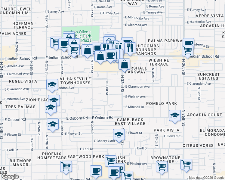 map of restaurants, bars, coffee shops, grocery stores, and more near 3126 East Weldon Avenue in Phoenix