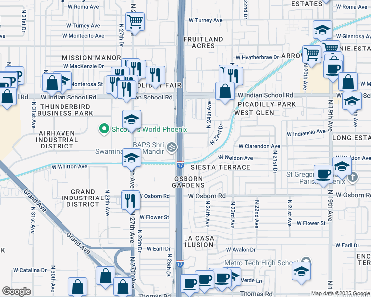 map of restaurants, bars, coffee shops, grocery stores, and more near 3621 North Black Canyon Highway in Phoenix