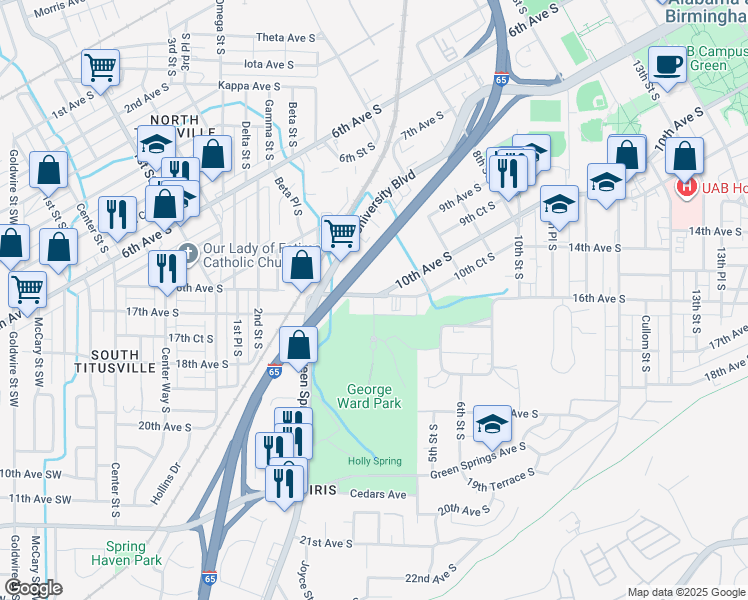 map of restaurants, bars, coffee shops, grocery stores, and more near 1610 4th Street South in Birmingham