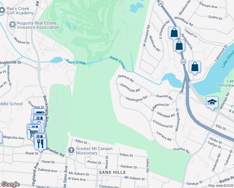 map of restaurants, bars, coffee shops, grocery stores, and more near 2262 Overton Road in Augusta