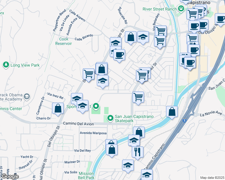 map of restaurants, bars, coffee shops, grocery stores, and more near 32445 Combine Drive in San Juan Capistrano