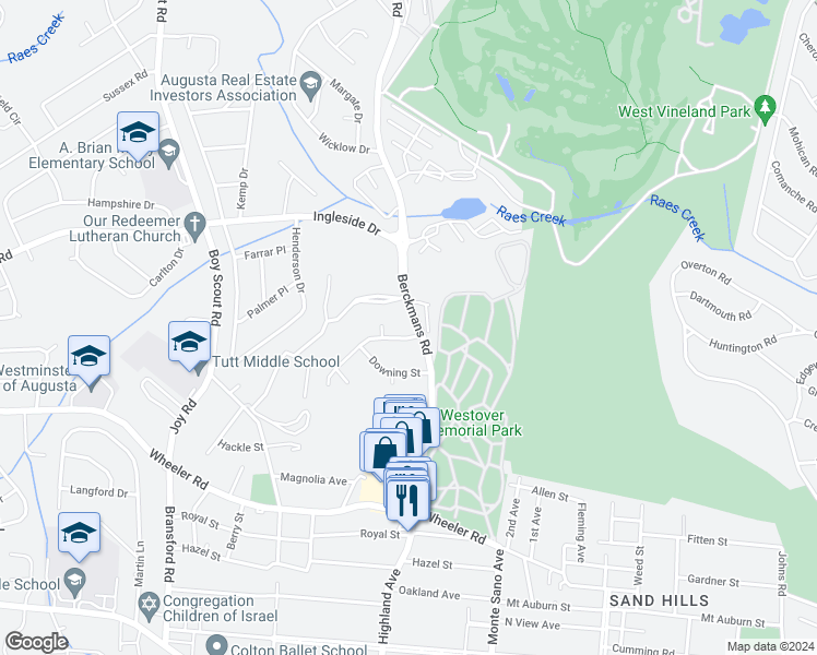 map of restaurants, bars, coffee shops, grocery stores, and more near 2701 Wellington Drive in Augusta
