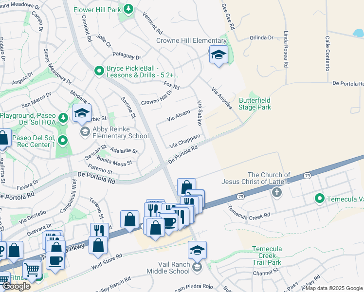 map of restaurants, bars, coffee shops, grocery stores, and more near 33257 Vía Chapparo in Temecula