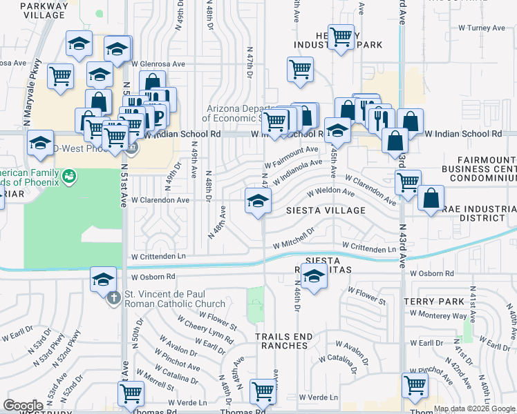 map of restaurants, bars, coffee shops, grocery stores, and more near 3600 North 47th Avenue in Phoenix