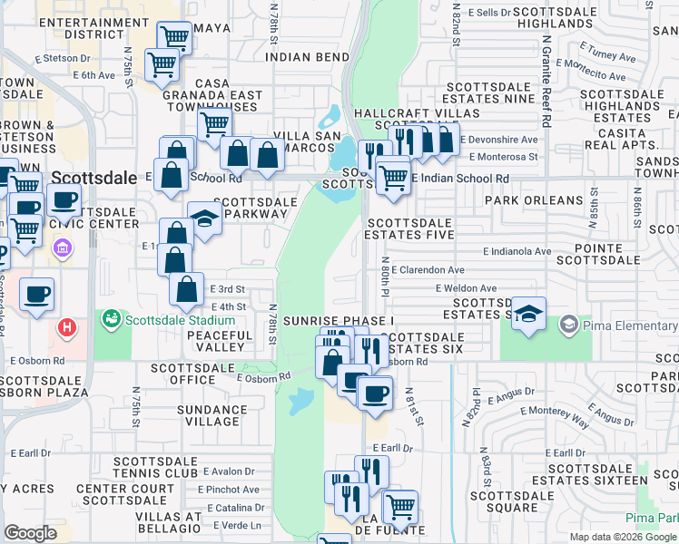 map of restaurants, bars, coffee shops, grocery stores, and more near East Clarendon Avenue in Scottsdale