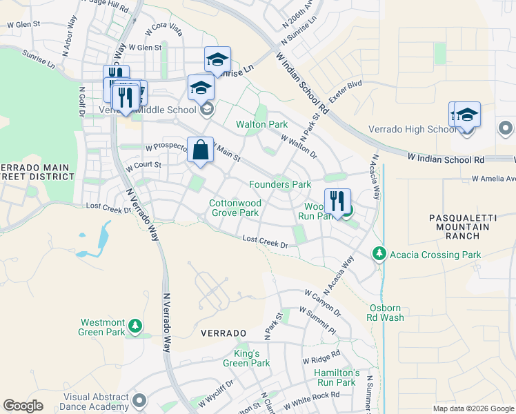 map of restaurants, bars, coffee shops, grocery stores, and more near 3852 North Park Street in Buckeye