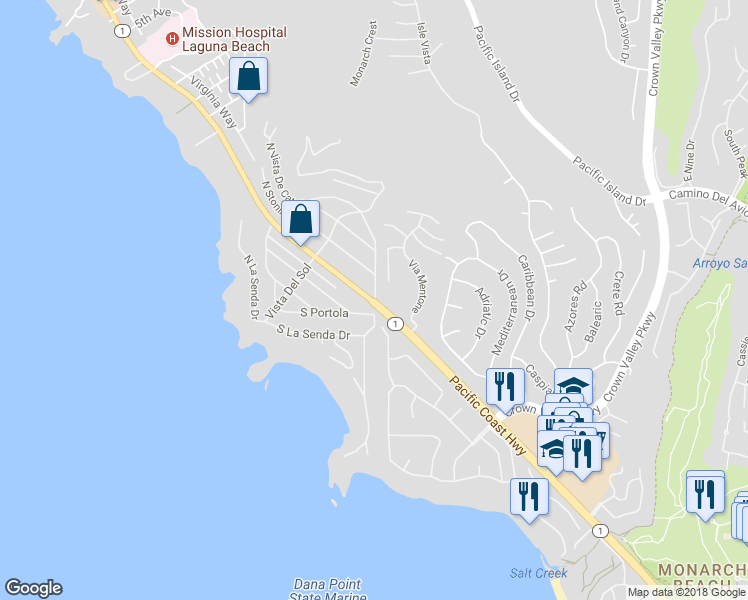 map of restaurants, bars, coffee shops, grocery stores, and more near 30822 Pacific Coast Highway in Laguna Beach