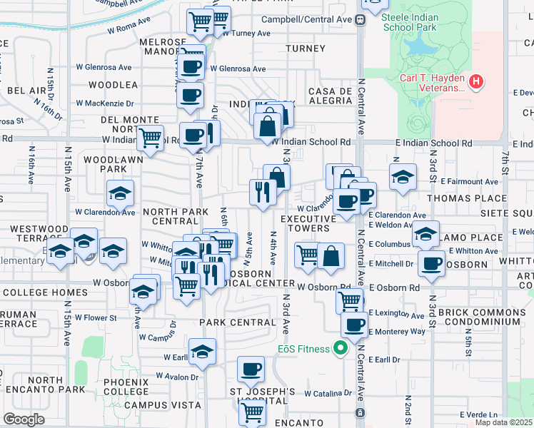 map of restaurants, bars, coffee shops, grocery stores, and more near 401 West Clarendon Avenue in Phoenix