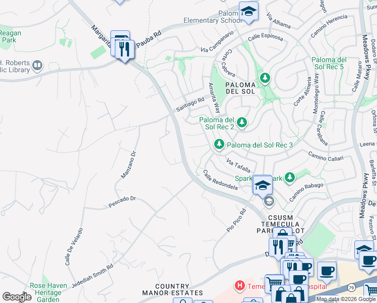 map of restaurants, bars, coffee shops, grocery stores, and more near 31695 Corte Avalos in Temecula