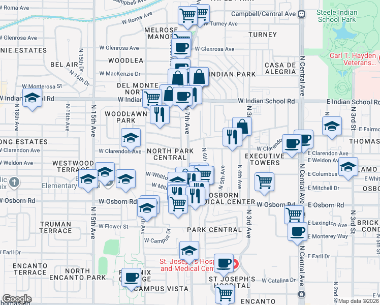 map of restaurants, bars, coffee shops, grocery stores, and more near 3645 North 7th Avenue in Phoenix