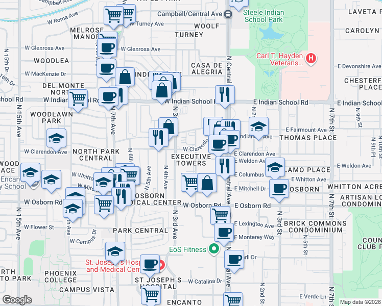 map of restaurants, bars, coffee shops, grocery stores, and more near 207 West Clarendon Avenue in Phoenix