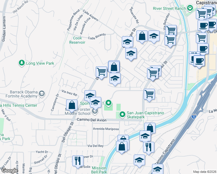 map of restaurants, bars, coffee shops, grocery stores, and more near 2 Via Aguila in San Juan Capistrano