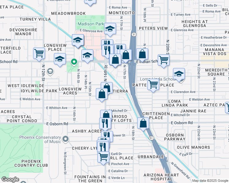 map of restaurants, bars, coffee shops, grocery stores, and more near 3625 North 16th Street in Phoenix