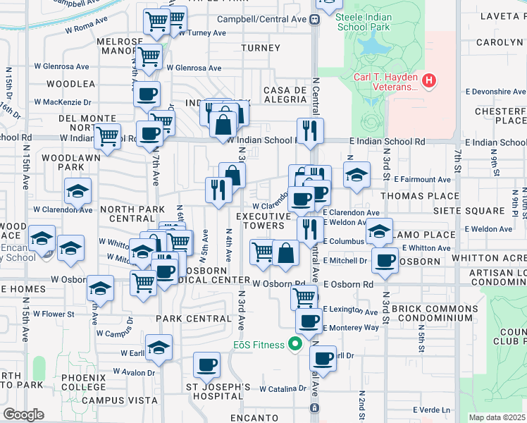 map of restaurants, bars, coffee shops, grocery stores, and more near North 2nd Avenue in Phoenix