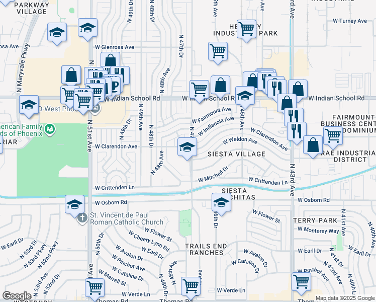 map of restaurants, bars, coffee shops, grocery stores, and more near 3602 North 47th Avenue in Phoenix