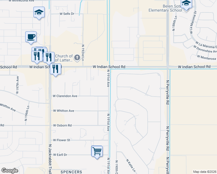 map of restaurants, bars, coffee shops, grocery stores, and more near 19116 West Clarendon Avenue in Litchfield Park
