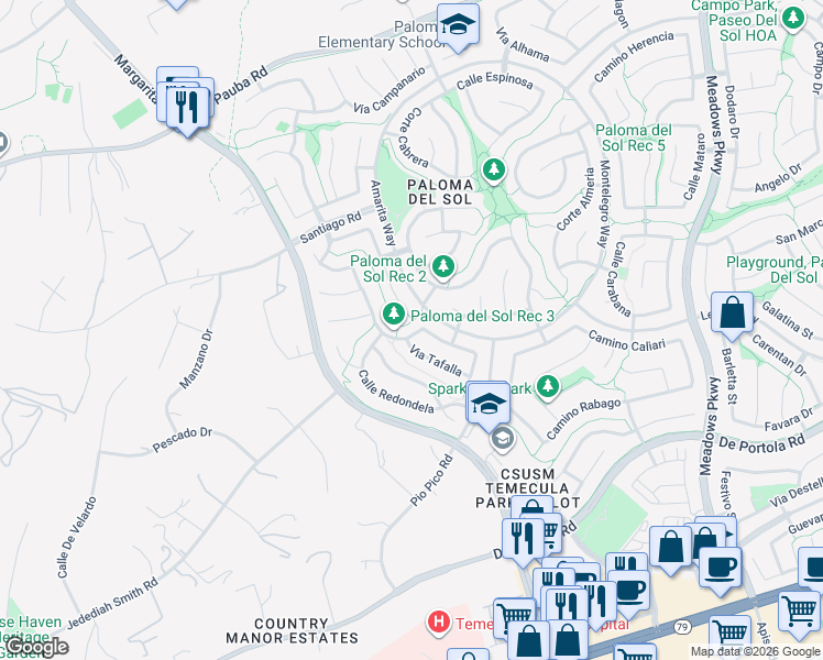 map of restaurants, bars, coffee shops, grocery stores, and more near 31870 Via Tafalla in Temecula