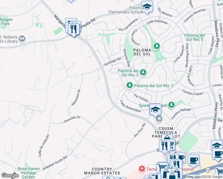 map of restaurants, bars, coffee shops, grocery stores, and more near 31695 Corte Avalos in Temecula