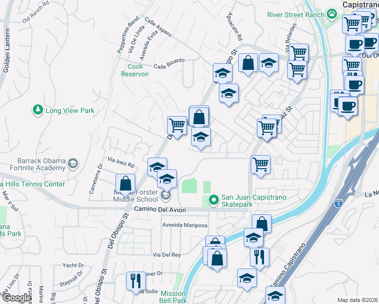 map of restaurants, bars, coffee shops, grocery stores, and more near in San Juan Capistrano