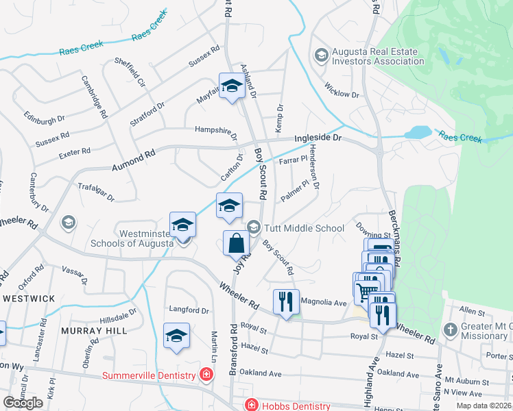 map of restaurants, bars, coffee shops, grocery stores, and more near 491 Boy Scout Rd in Augusta