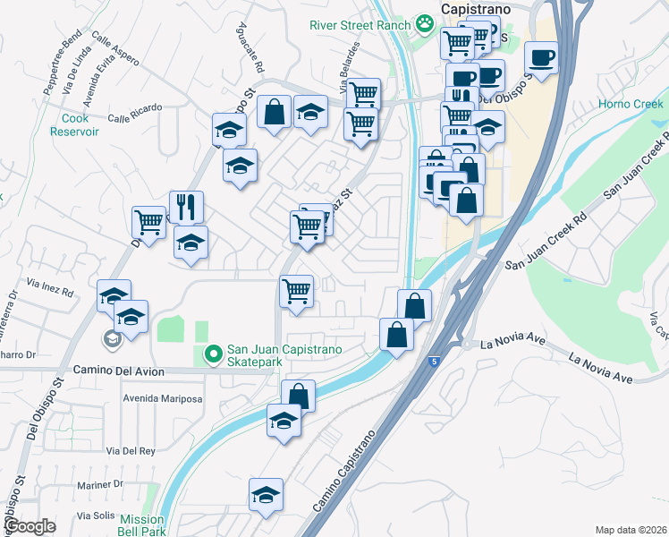 map of restaurants, bars, coffee shops, grocery stores, and more near 26422 Calle Rolando in San Juan Capistrano