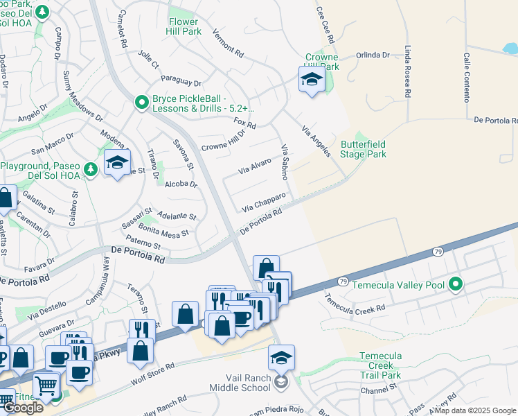 map of restaurants, bars, coffee shops, grocery stores, and more near 33257 Vía Chapparo in Temecula