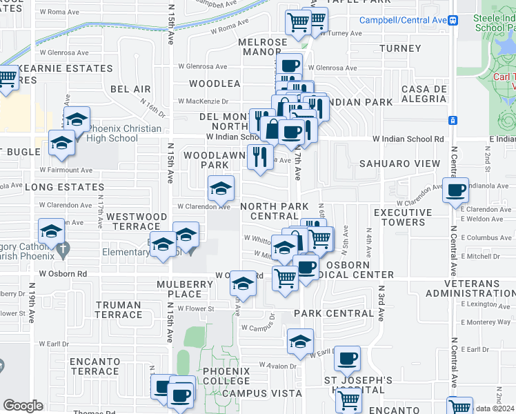 map of restaurants, bars, coffee shops, grocery stores, and more near 848 West Clarendon Avenue in Phoenix