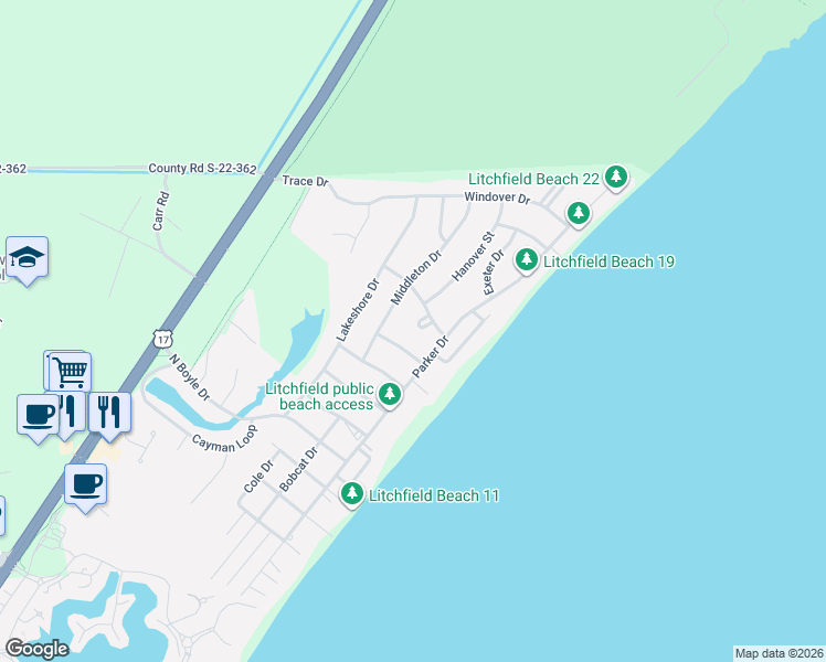 map of restaurants, bars, coffee shops, grocery stores, and more near 145 County Road S-22-422 in Pawleys Island