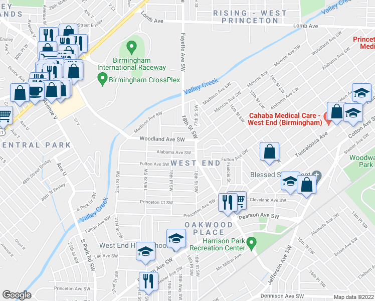 map of restaurants, bars, coffee shops, grocery stores, and more near 1812 Alabama Avenue Southwest in Birmingham