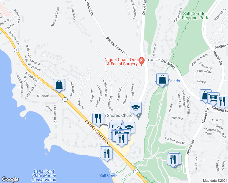 map of restaurants, bars, coffee shops, grocery stores, and more near 32532 Sea Island Drive in Dana Point