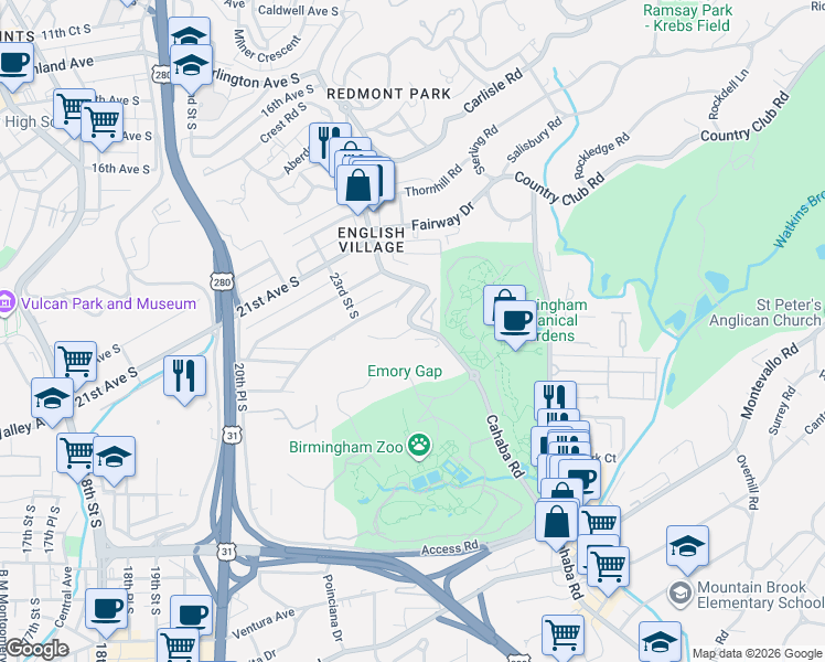 map of restaurants, bars, coffee shops, grocery stores, and more near 462 Botanical Place in Mountain Brook