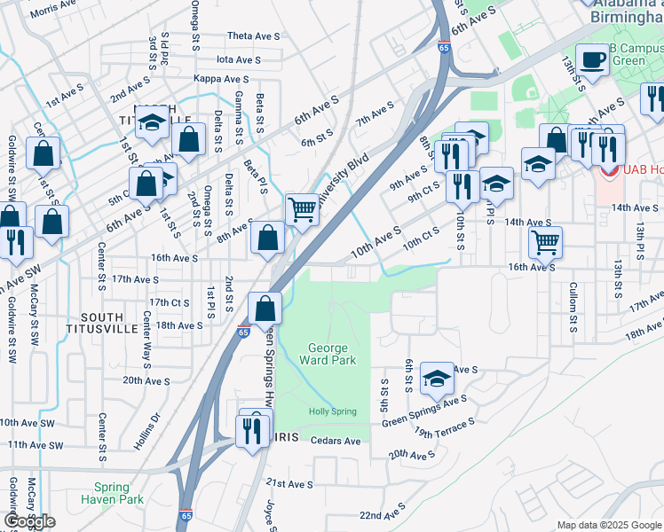 map of restaurants, bars, coffee shops, grocery stores, and more near 1602 4th Street South in Birmingham