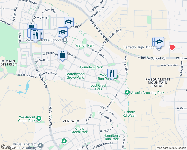 map of restaurants, bars, coffee shops, grocery stores, and more near 3949 North Park Street in Buckeye