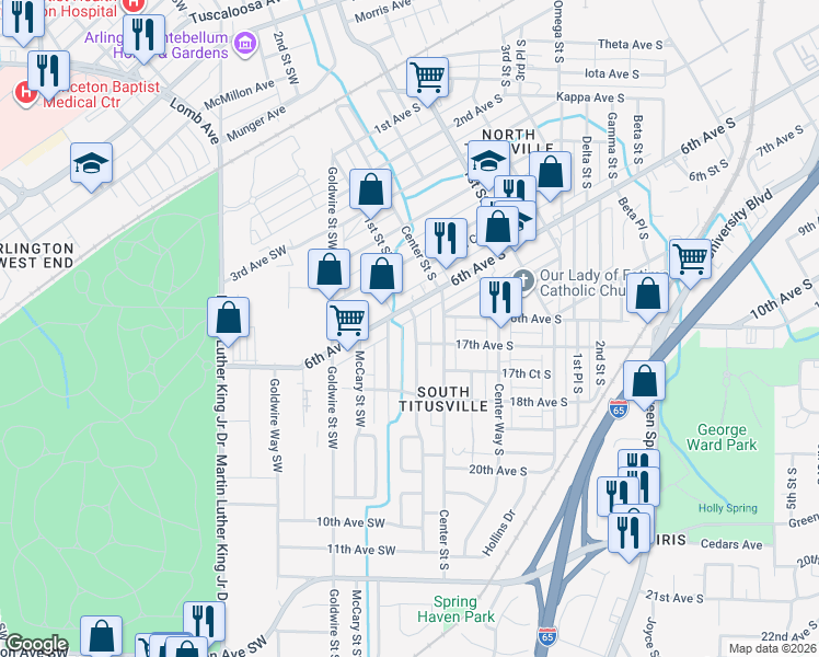 map of restaurants, bars, coffee shops, grocery stores, and more near 612 Center Place Southwest in Birmingham
