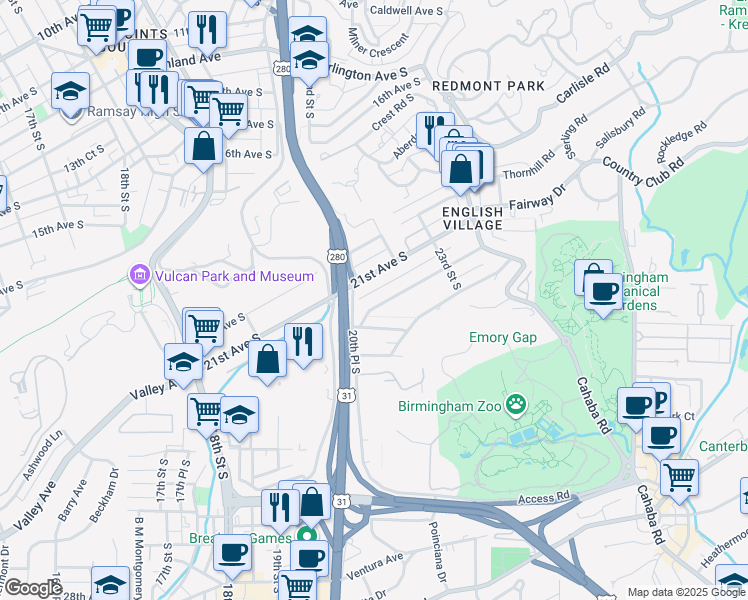 map of restaurants, bars, coffee shops, grocery stores, and more near 2109 21st Avenue South in Birmingham