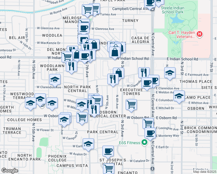 map of restaurants, bars, coffee shops, grocery stores, and more near 500 West Clarendon Avenue in Phoenix