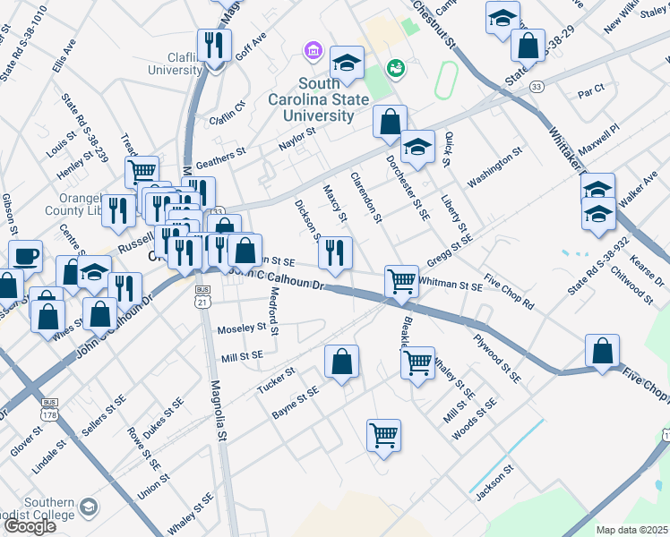 map of restaurants, bars, coffee shops, grocery stores, and more near Whitman Street Southeast in Orangeburg