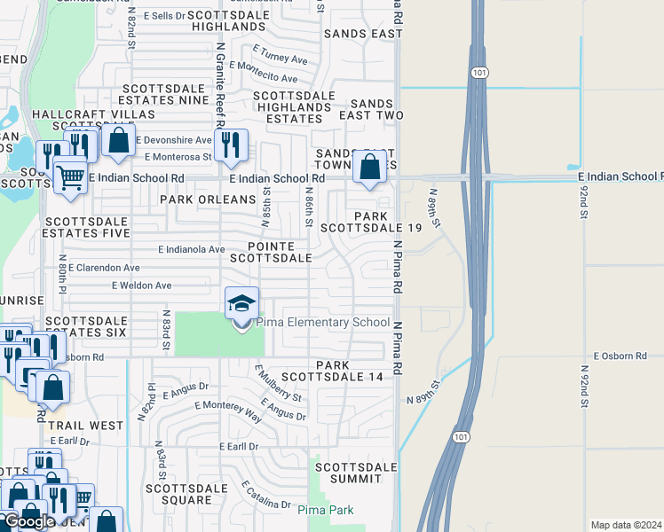 map of restaurants, bars, coffee shops, grocery stores, and more near 8608 East Indianola Avenue in Scottsdale