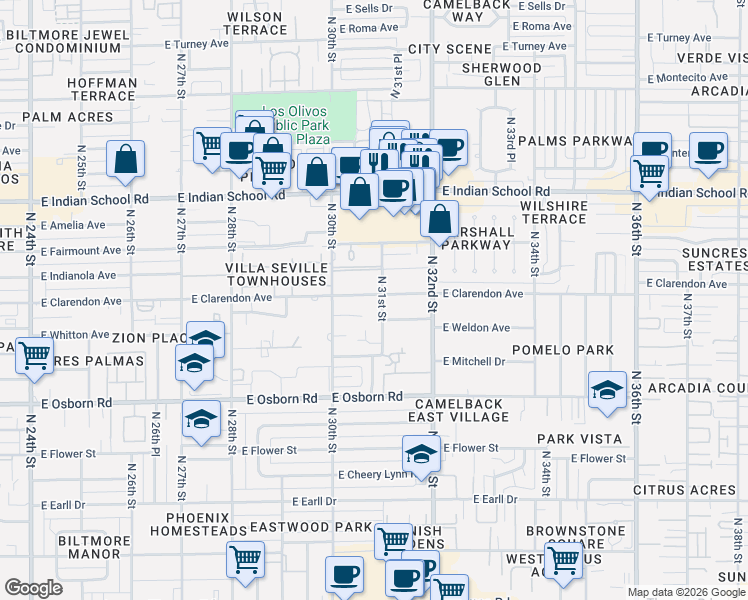 map of restaurants, bars, coffee shops, grocery stores, and more near 3807 North 30th Street in Phoenix