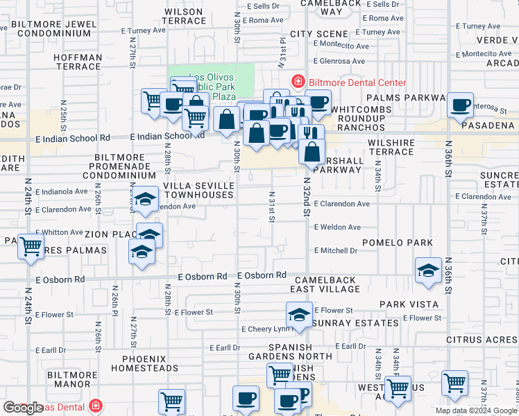 map of restaurants, bars, coffee shops, grocery stores, and more near 3807 North 30th Street in Phoenix