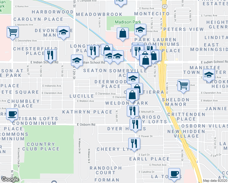 map of restaurants, bars, coffee shops, grocery stores, and more near 3823 North 14th Place in Phoenix