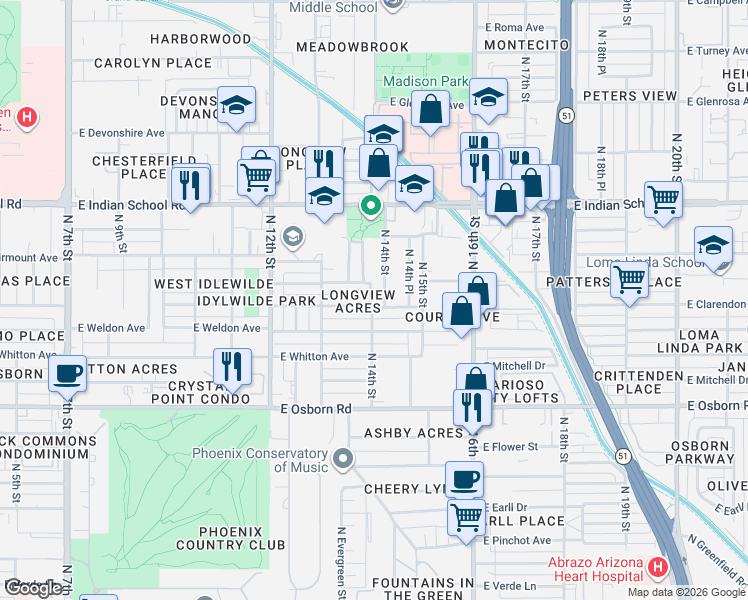 map of restaurants, bars, coffee shops, grocery stores, and more near 3950 North 14th Street in Phoenix