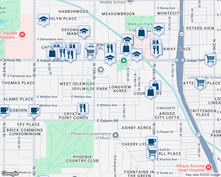 map of restaurants, bars, coffee shops, grocery stores, and more near 1240 East Indianola Avenue in Phoenix