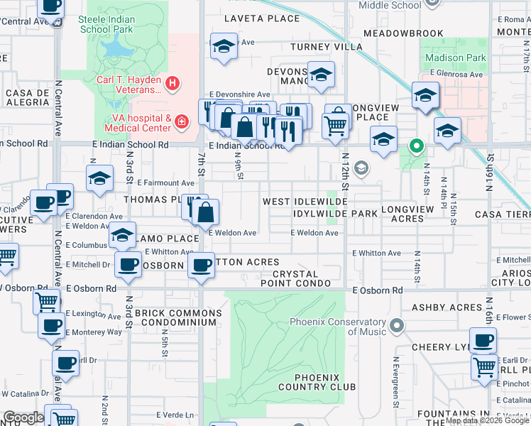 map of restaurants, bars, coffee shops, grocery stores, and more near 1014 East Indianola Avenue in Phoenix